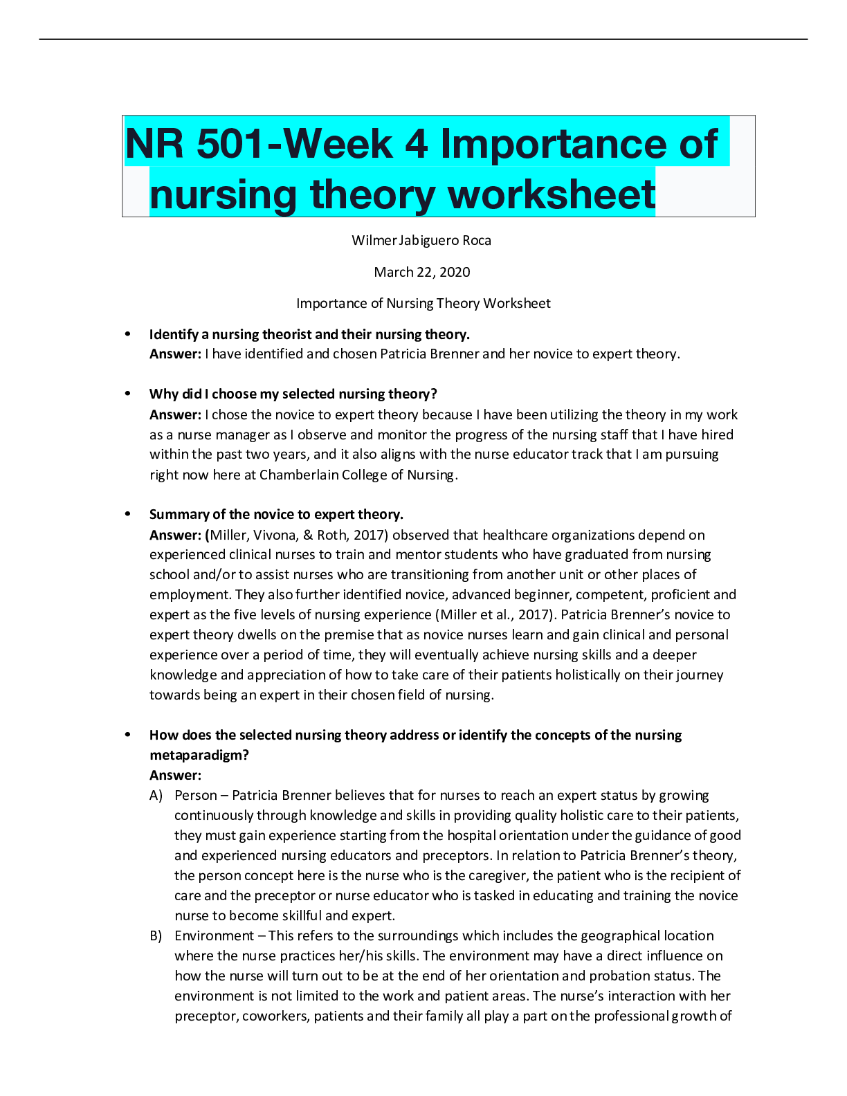 Preview of NR 501-Week 4 Importance of nursing theory worksheet